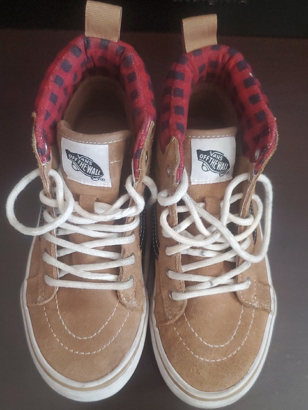 Vans Kids Tan High-Top Sneakers with Red Plaid Lining